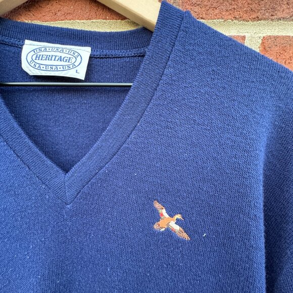 VTG Heritage Vneck Sweater Mens Large Navy Duck Logo Academia Grandpacore - Picture 2 of 8